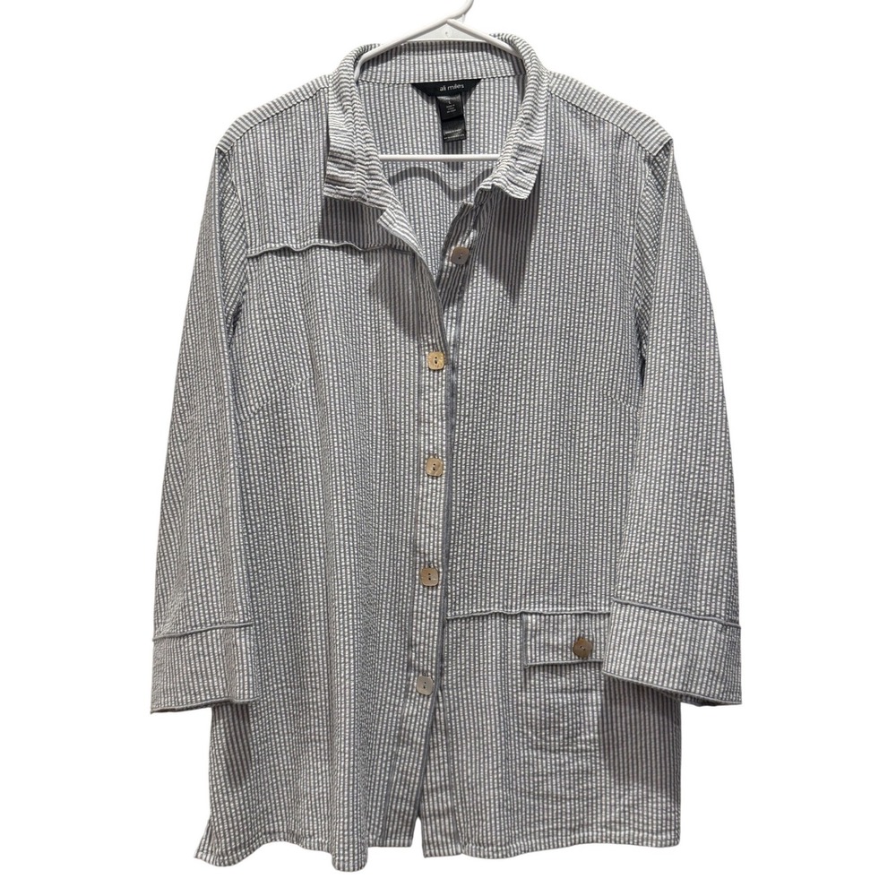 Ali Miles Seersucker Tunic Women L‎ Blue White Stripes Cotton Button Up Jacket